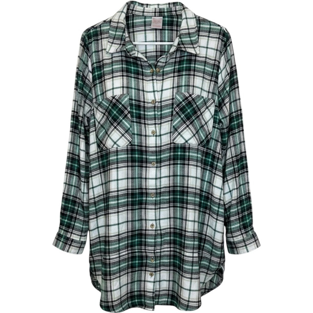 No Boundaries Green Plaid Flannel Shirt Womens XXXL 21 Cotton Button Down NWT